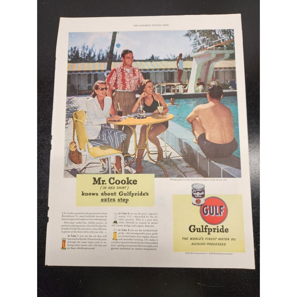 Vintage 1949 Gulfpride Motor Oil Magazine Ad Palm Beach Biltmore Gulf Oil Art